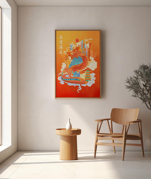 Illustration d’un dragon coloré et d’une ville avec des pagodes et des montagnes