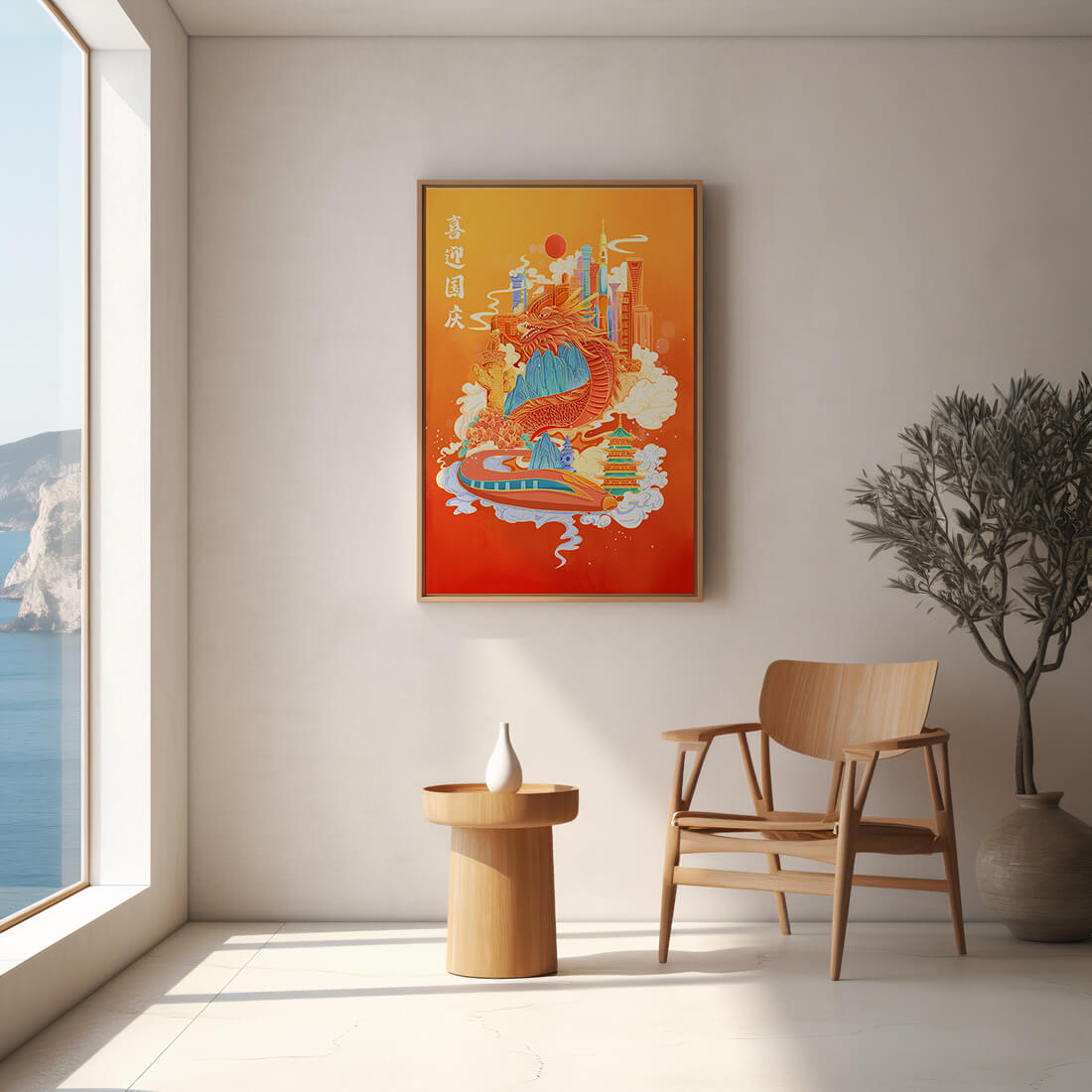 Colorful dragon and cityscape illustration with pagodas and mountains