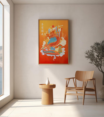 Colorful dragon and cityscape illustration with pagodas and mountains