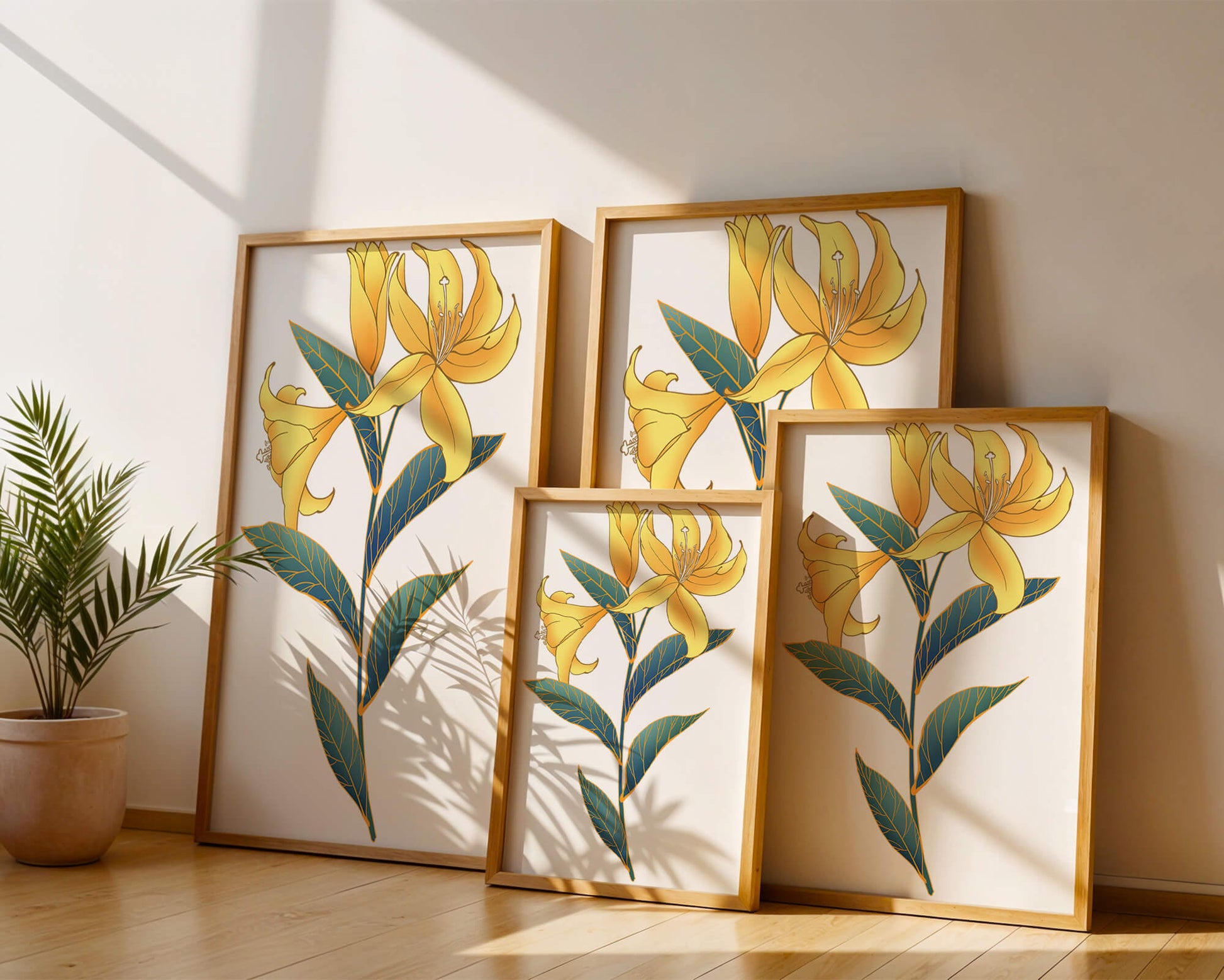 Elegant golden lily illustration with intricate leaf details