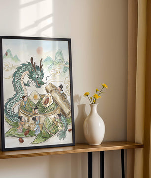 Dragon and Steamed Dumplings with Children in a Mountainous Landscape