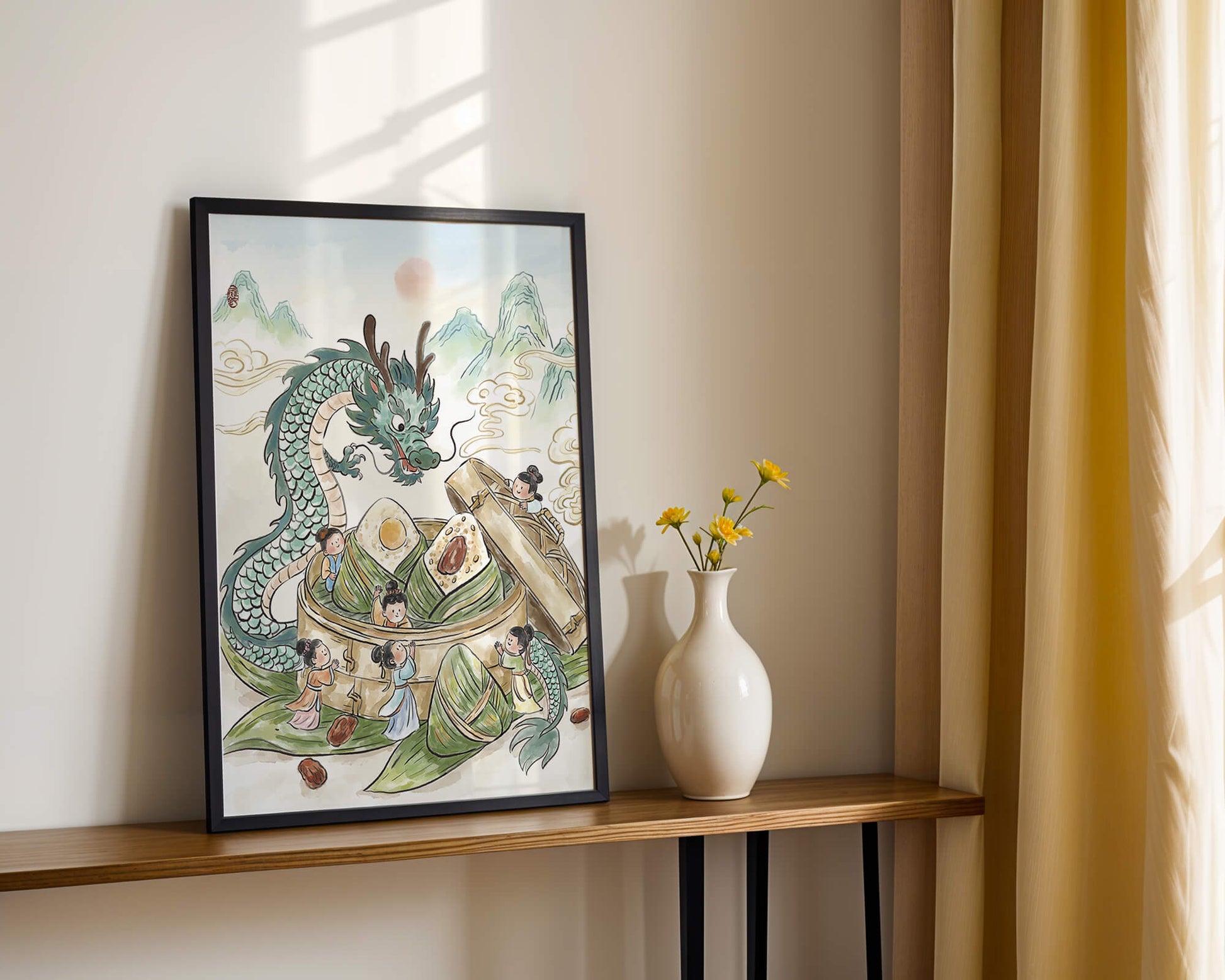 Dragón y dumplings al vapor con niños en un paisaje montañoso