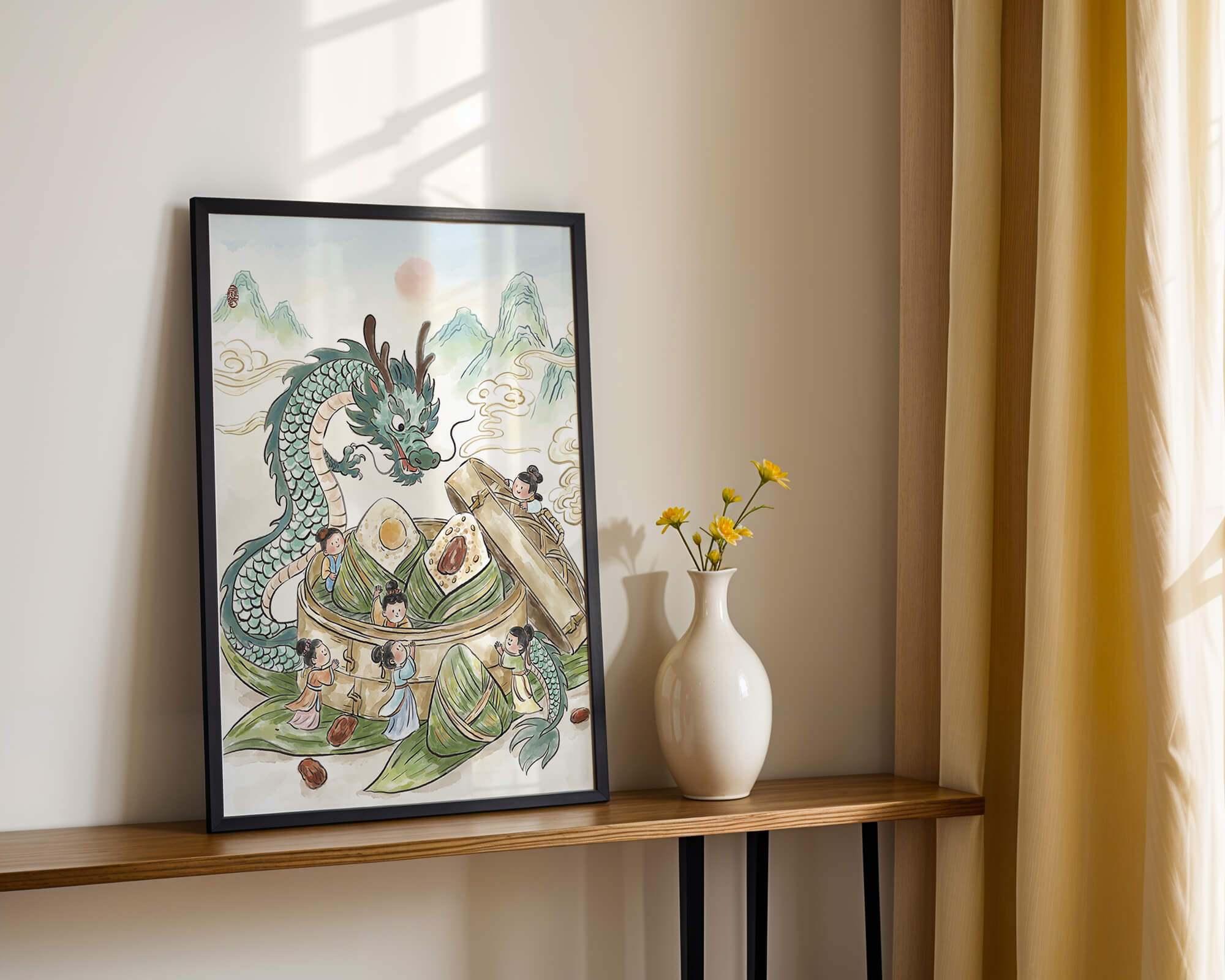 Dragón y dumplings al vapor con niños en un paisaje montañoso