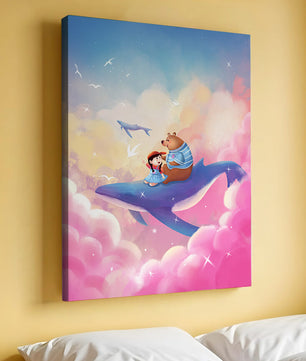 Fantasy illustration of girl and bear riding a whale through colorful clouds