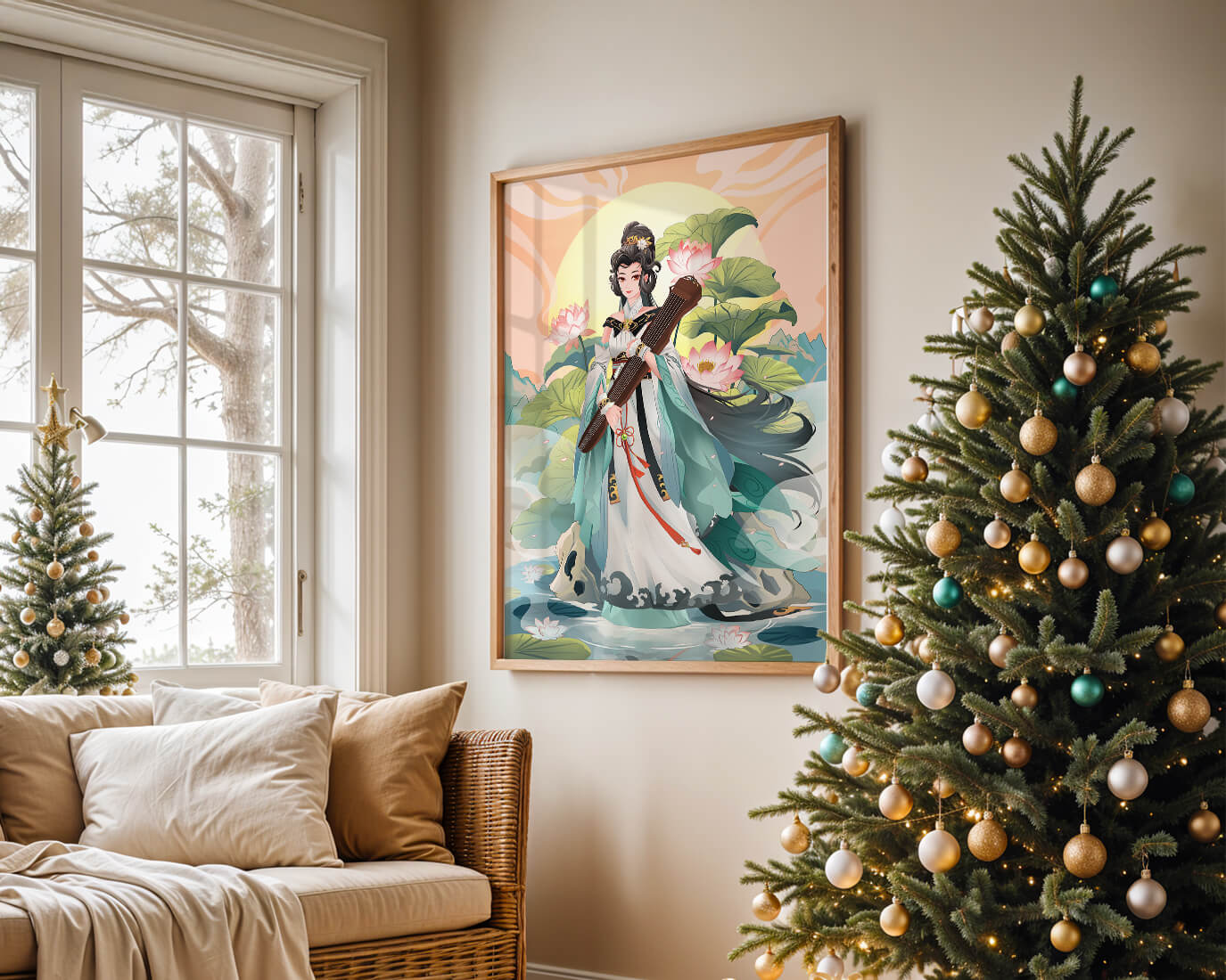Elegant woman with traditional clothing and musical instrument in serene nature setting