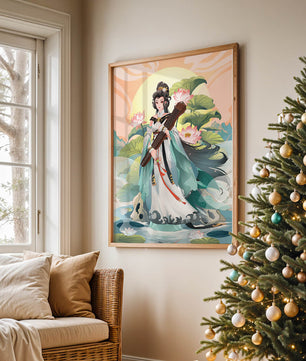 Elegant woman with traditional clothing and musical instrument in serene nature setting