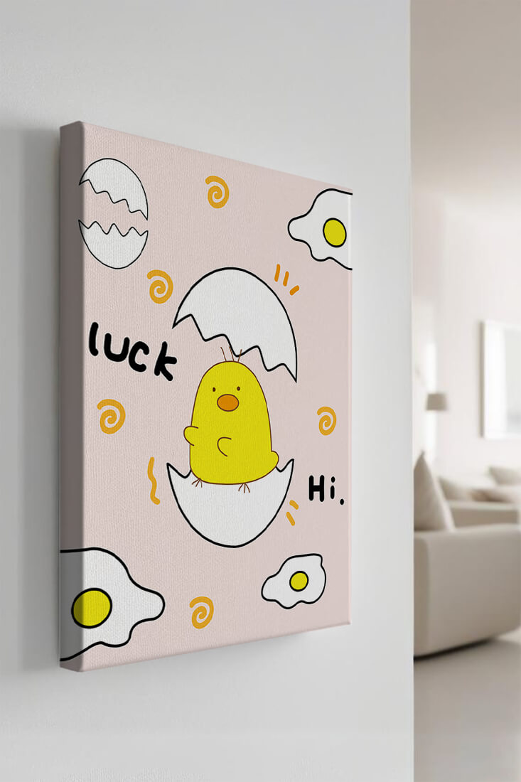 Chick hatching from an egg with cheerful expressions and fried egg motifs
