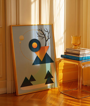 Abstract Geometric Landscape with Mountain and Sun - Mi tienda