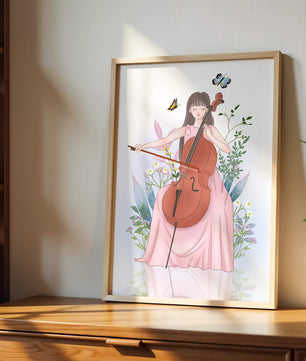 Girl Playing Cello Surrounded by Nature with Butterflies - Mi tienda