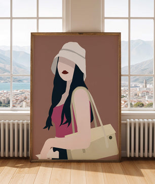 Ilustración elegante de una mujer con sombrero de cubo y ropa casual