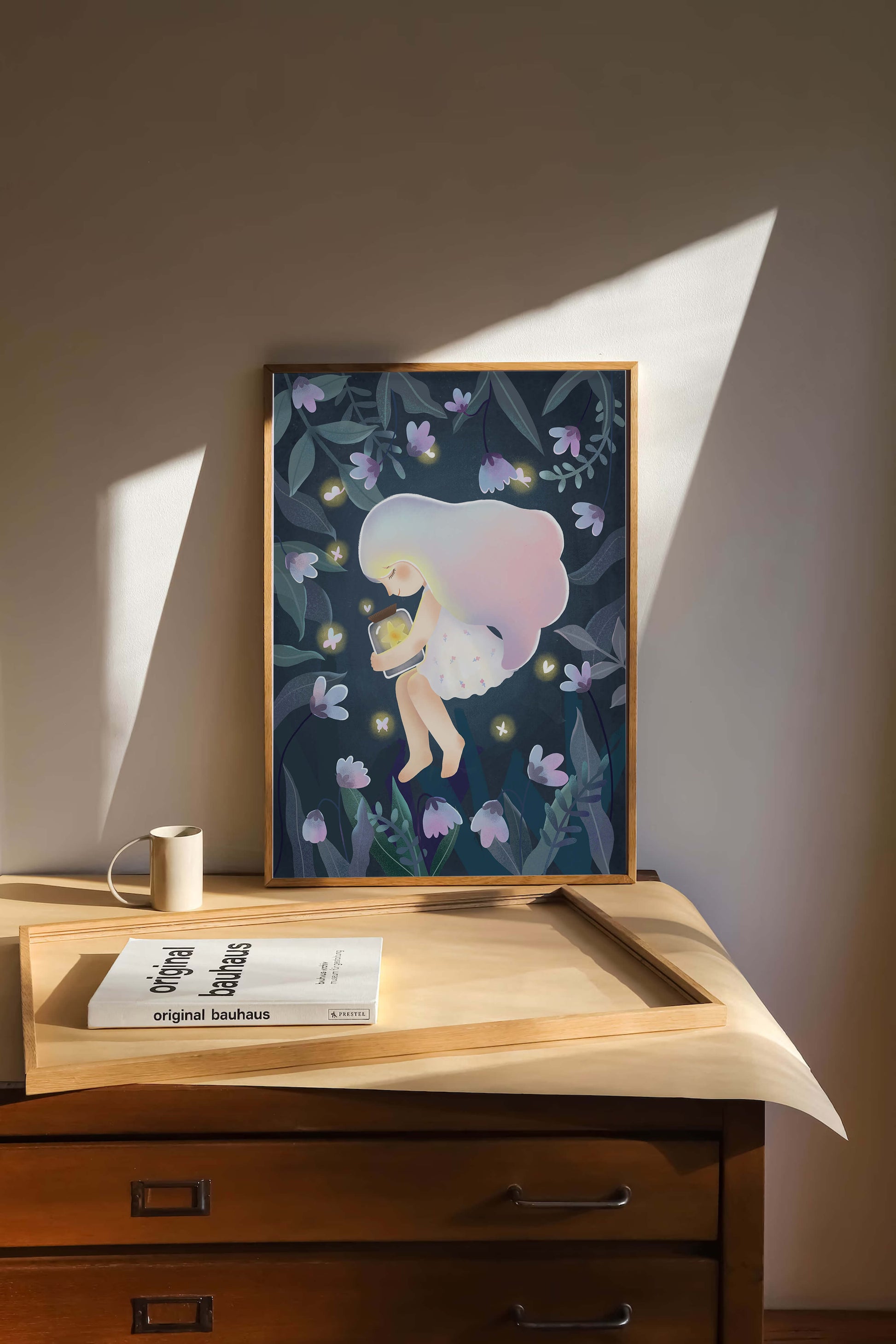 Illustration of a girl with glowing jar in moonlit garden