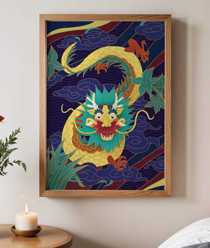 Illustration de dragon coloré avec des nuages ​​et des éléments de feuillage