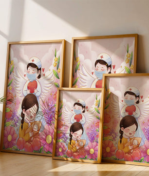 Escena ilustrada de un ángel de la salud con un niño y flores