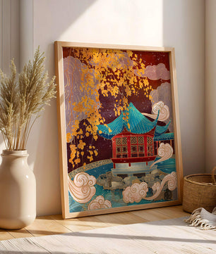 Traditional Chinese Pavilion with Gold Leaves and Clouds