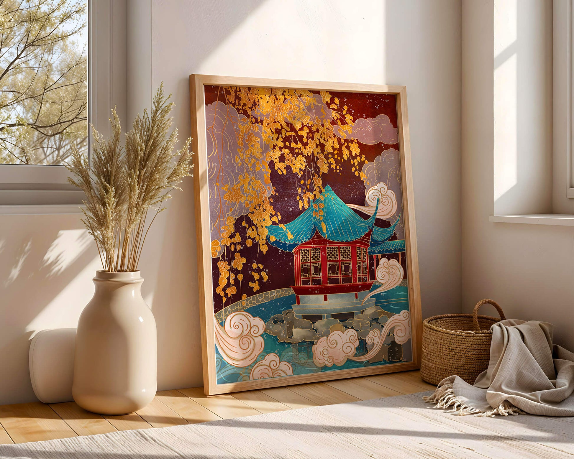 Pabellón chino tradicional con hojas doradas y nubes