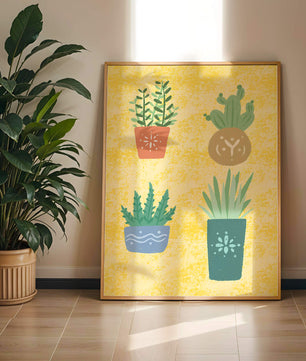 Illustrated potted plants on textured yellow background
