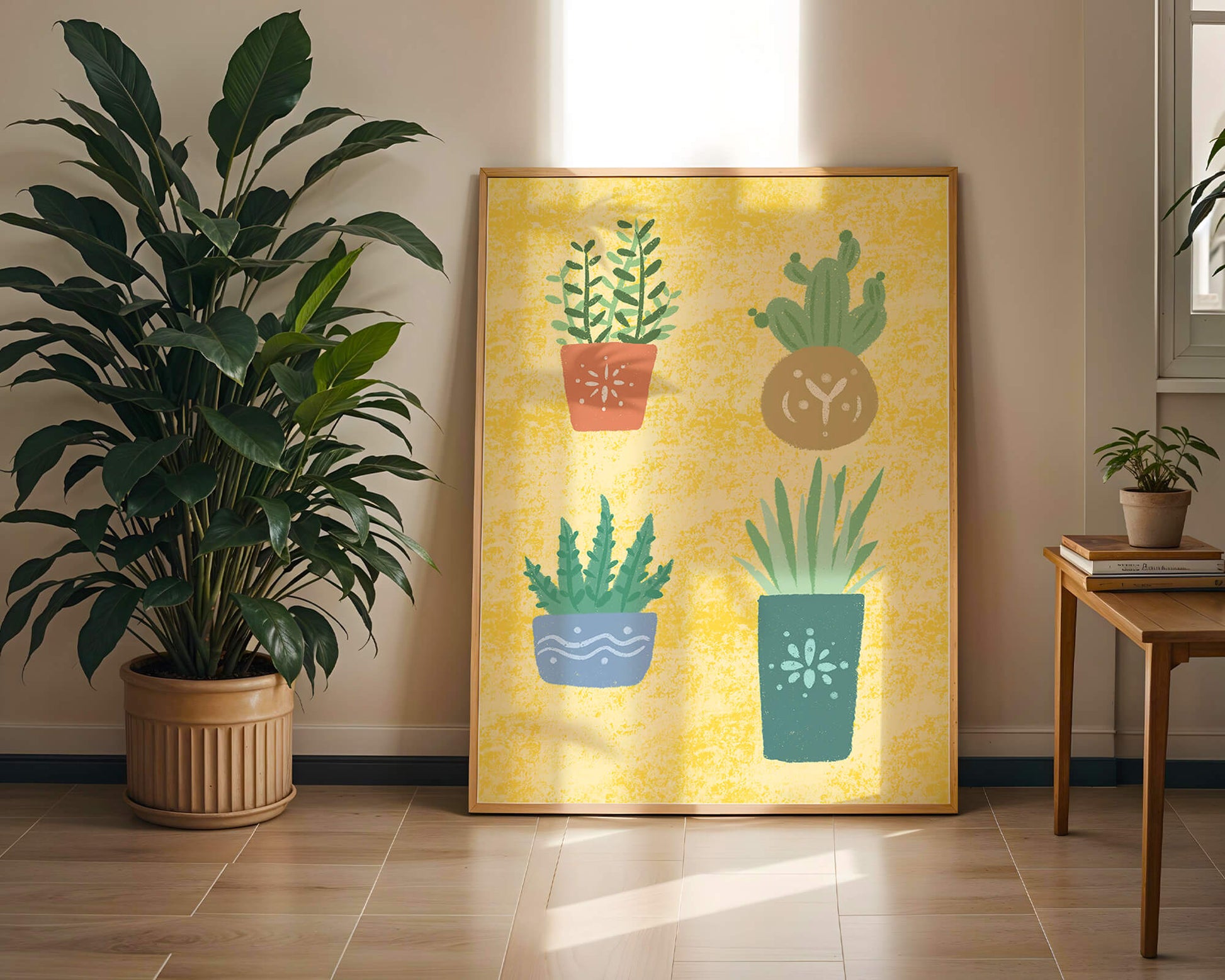 Illustrated potted plants on textured yellow background