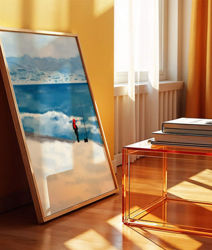 Winterlandschaft mit Person in roter Jacke am Meer