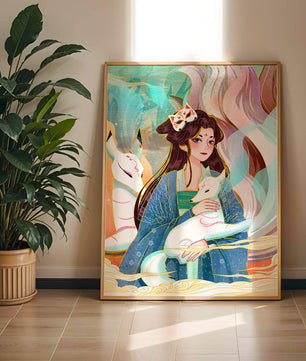 Œuvre de fantasy élégante mettant en scène une figure mystique accompagnée de renards et de couleurs vibrantes