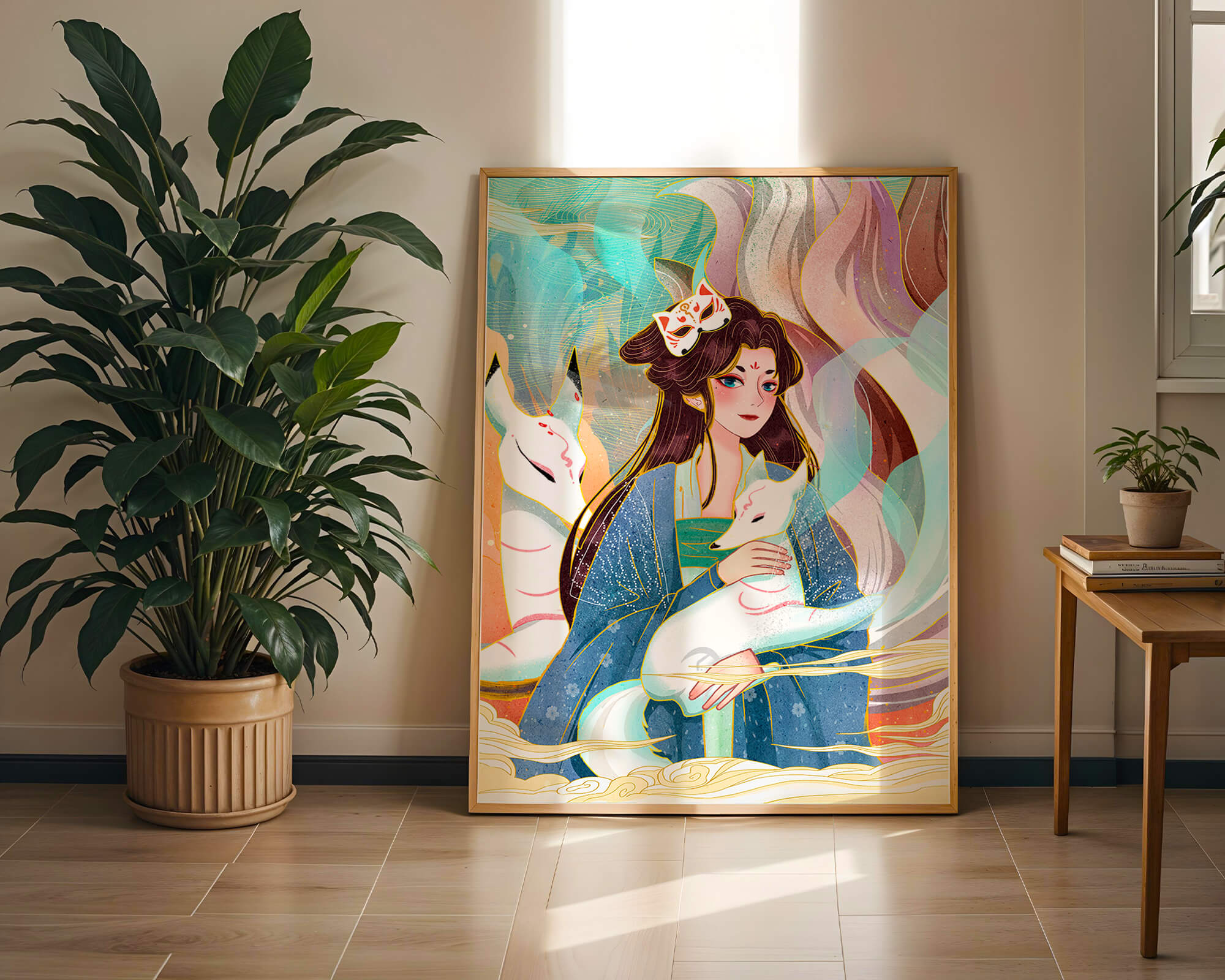 Elegant fantasy artwork featuring a mystical figure with foxes and vibrant colors