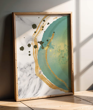 Elegant abstract design with gold accents and teal hues