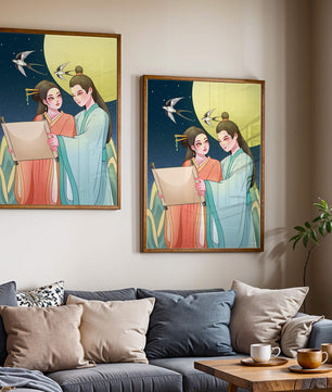 Elegant illustration of traditional attire with scroll and swallows under a full moon