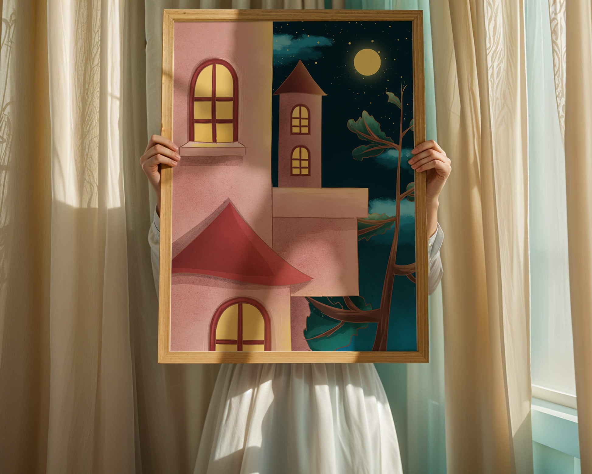 Castle with Arched Windows under Moonlit Sky