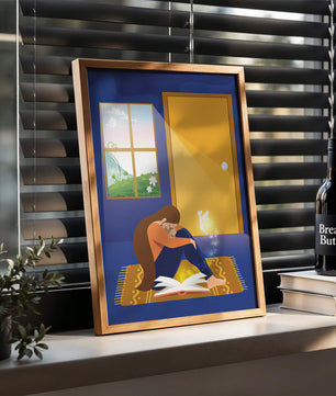 Woman sitting with an open magical book and a fairy in a room