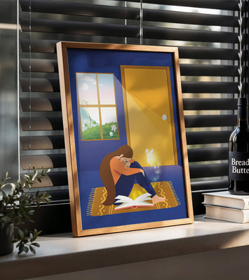 Woman sitting with an open magical book and a fairy in a room