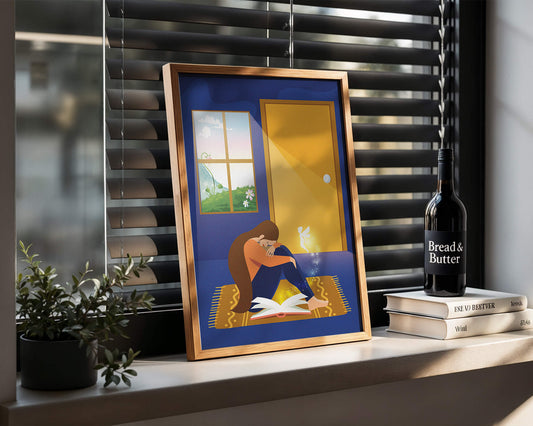Woman sitting with an open magical book and a fairy in a room