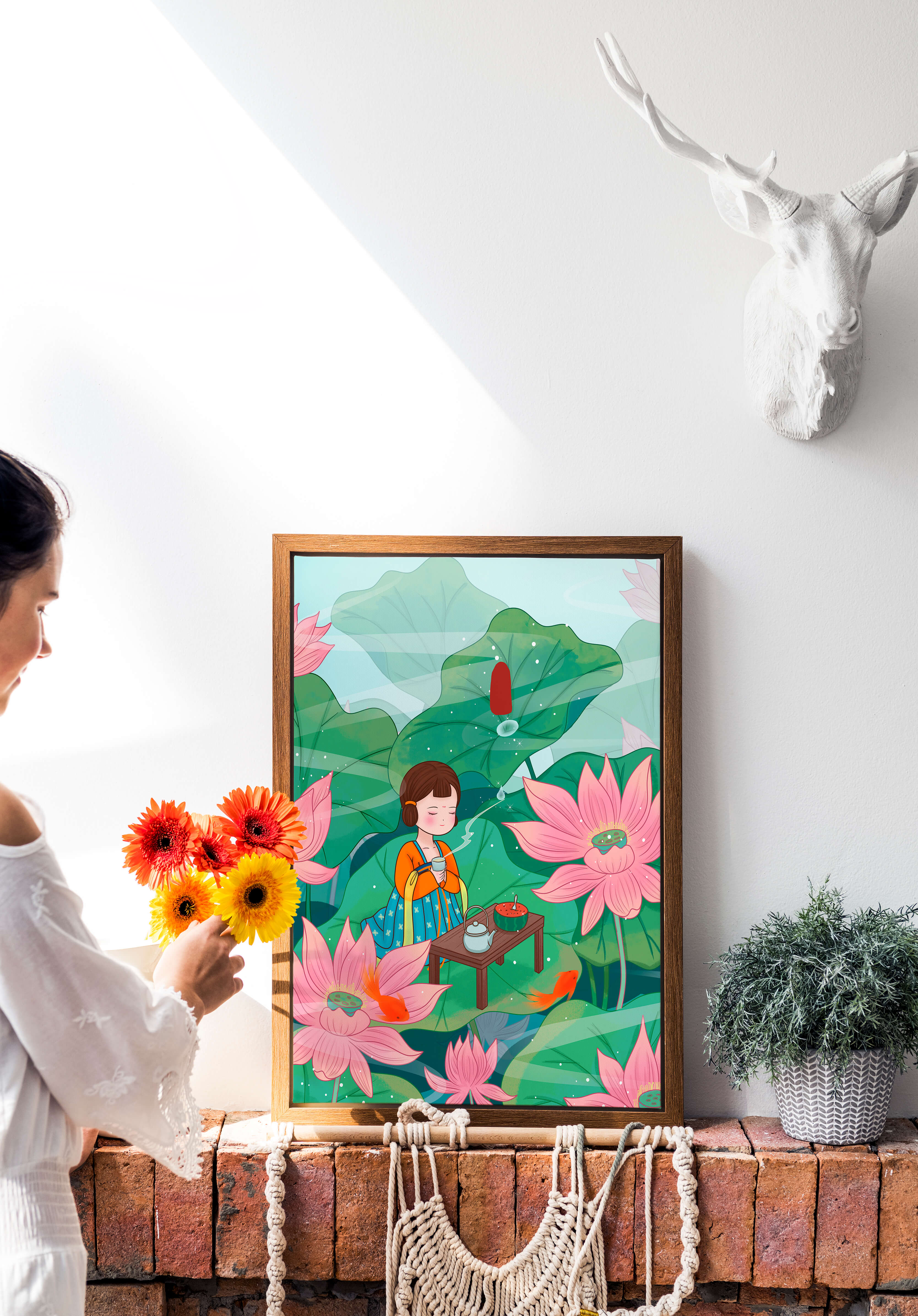 Serene illustration of a girl enjoying tea among lotus flowers