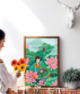 Serene illustration of a girl enjoying tea among lotus flowers