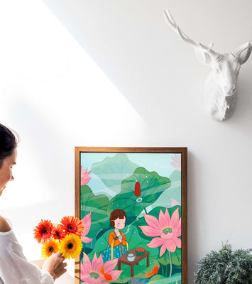 Serene illustration of a girl enjoying tea among lotus flowers