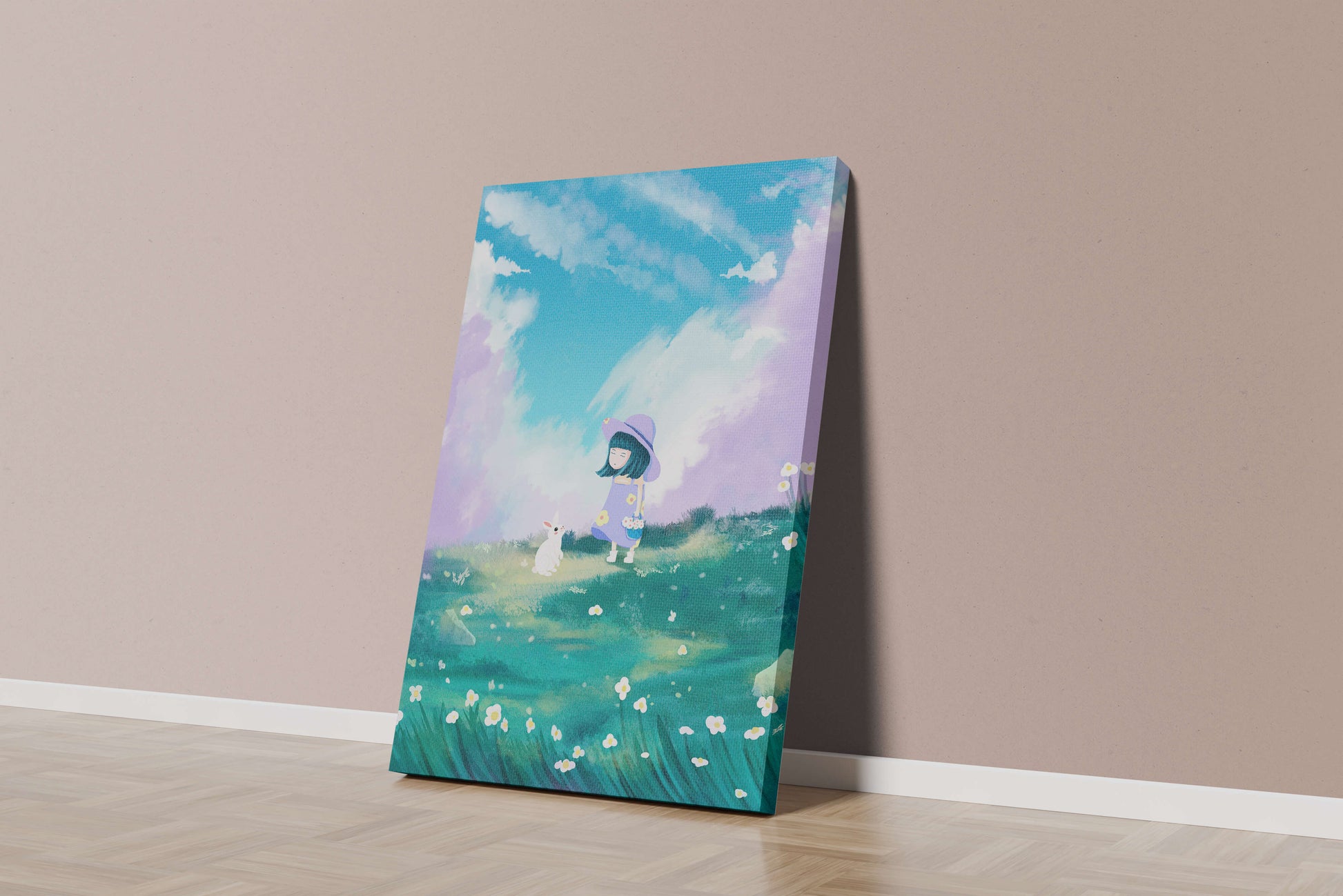 A Little Girl in a Purple Dress and Hat with a White Rabbit in a Flower Field Under a Blue Sky
