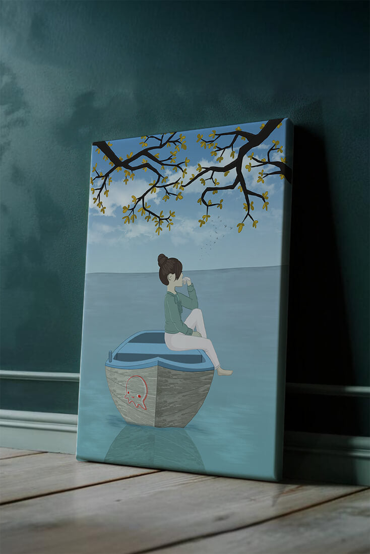 Girl relaxing on a boat under a tree by the water