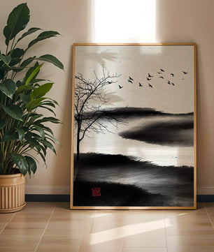 Minimalist Landscape with Silhouetted Tree and Birds