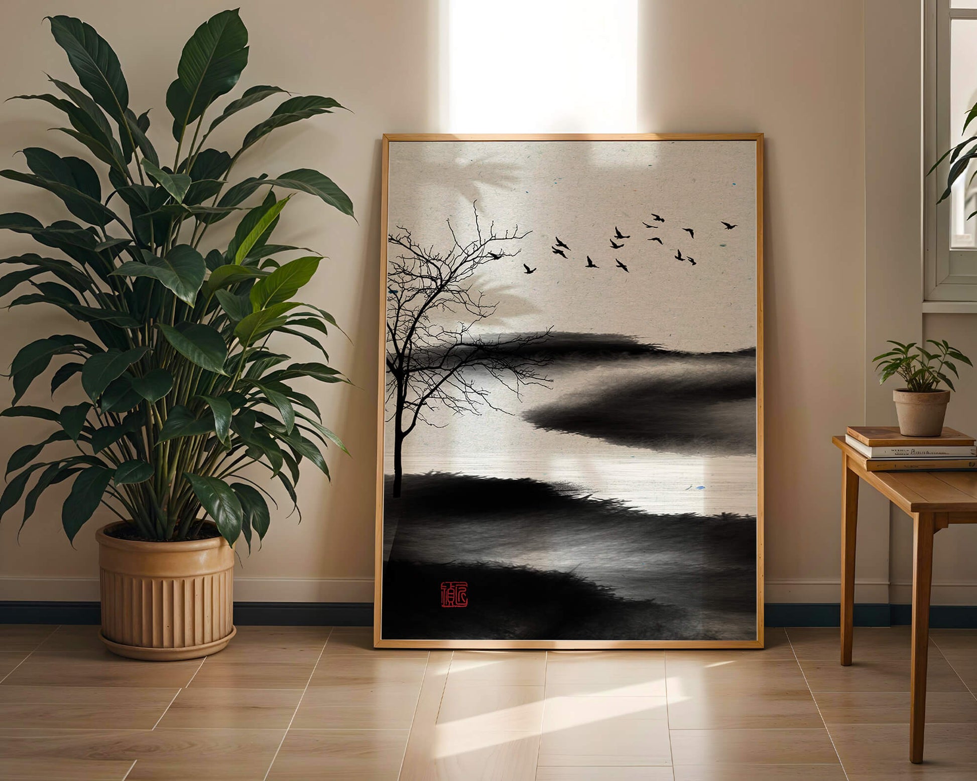 Paisaje minimalista con siluetas de árboles y pájaros