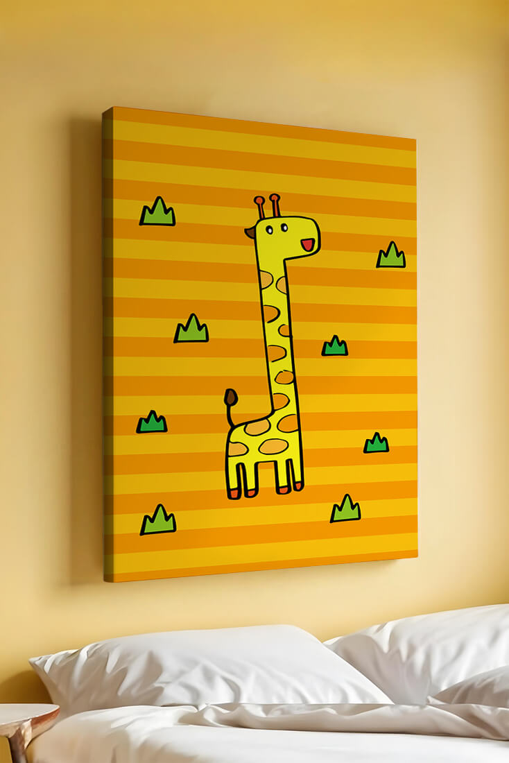 Bright cartoon giraffe illustration on a striped background