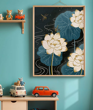 Elegant lotus flowers with dragonflies on a starry night background