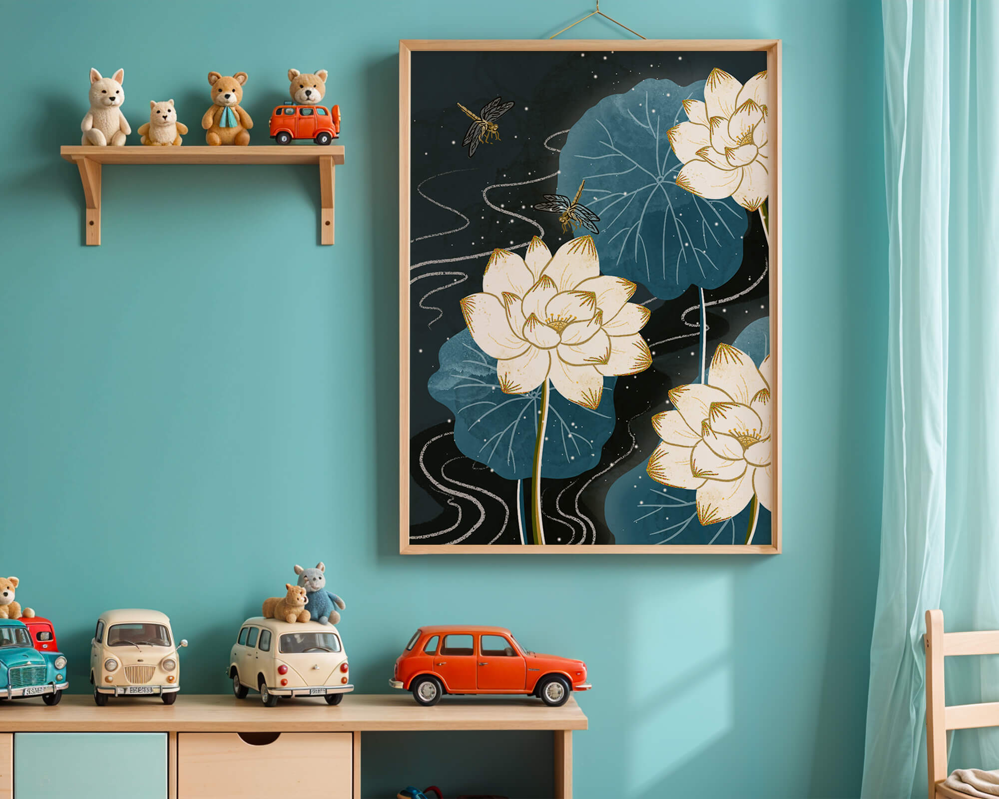 Elegant lotus flowers with dragonflies on a starry night background