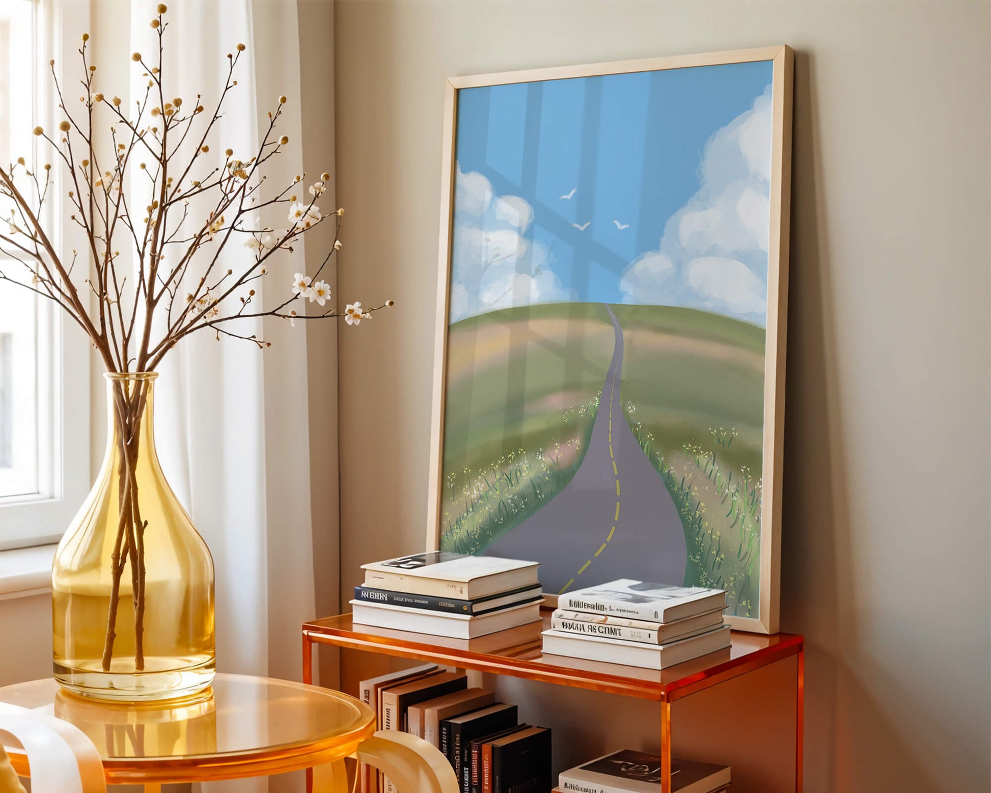 Serene countryside road with vibrant sky and rolling hills