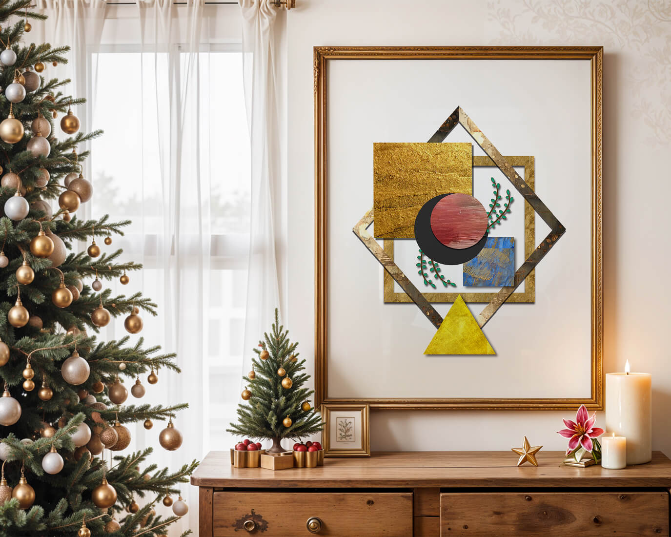 Modern geometric abstract art with vibrant colors and gold accents