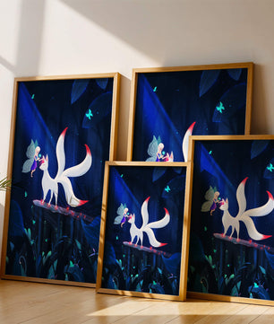 Enchanted forest with fairy and mystical creature under moonlit sky