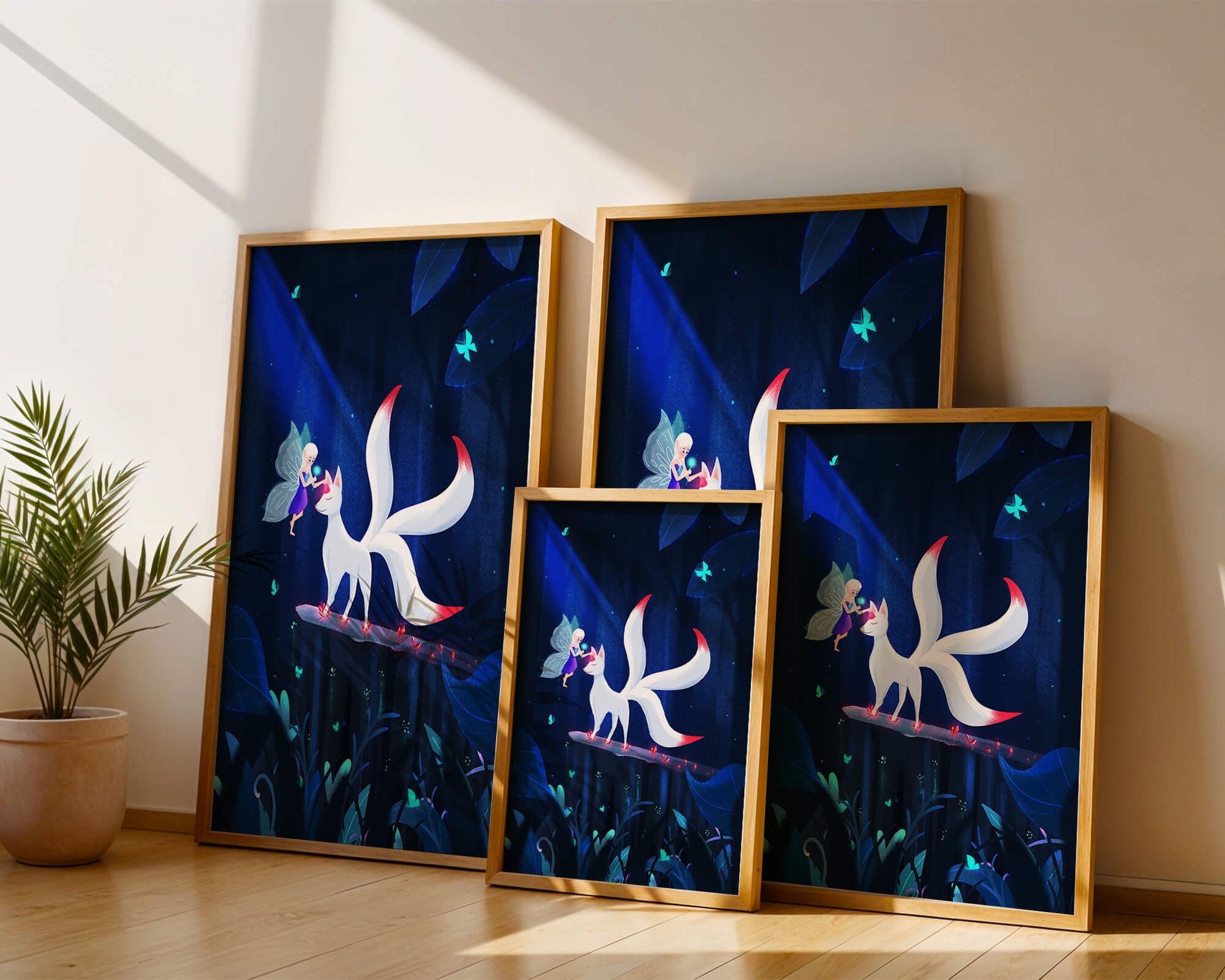 Enchanted forest with fairy and mystical creature under moonlit sky