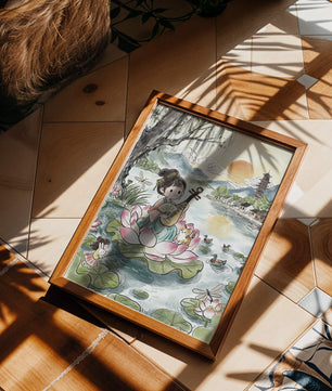 Traditional Asian Scenery with Girl Playing Instrument on Lotus Pond at Sunset