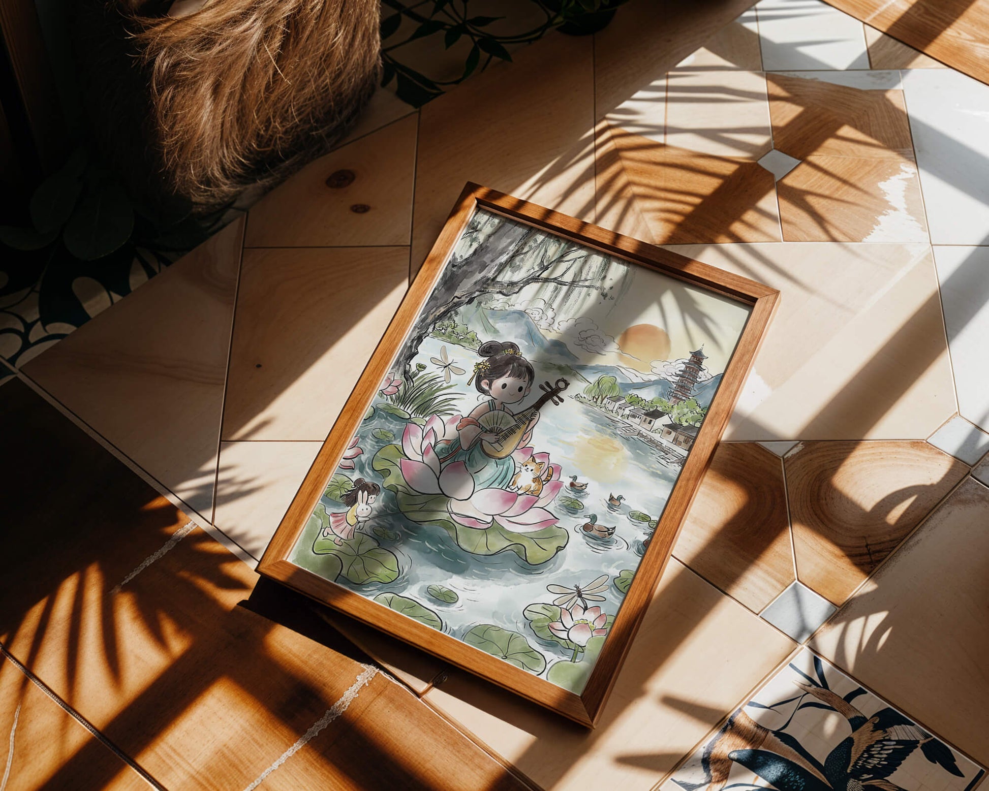 Traditional Asian Scenery with Girl Playing Instrument on Lotus Pond at Sunset