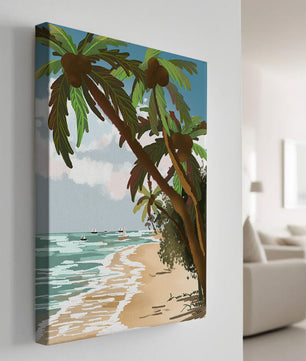 Tranquil Beach Scene with Palm Trees and Sailboats
