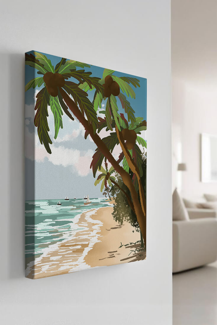 Tranquil Beach Scene with Palm Trees and Sailboats