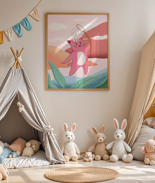 Pink Cat Holding Net in Whimsical Landscape