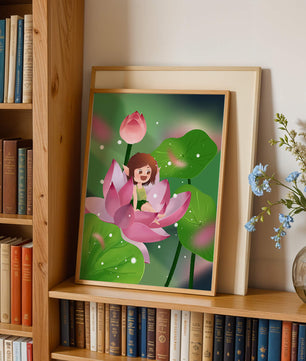 Charming fairy sitting on a blooming pink lotus in a magical garden